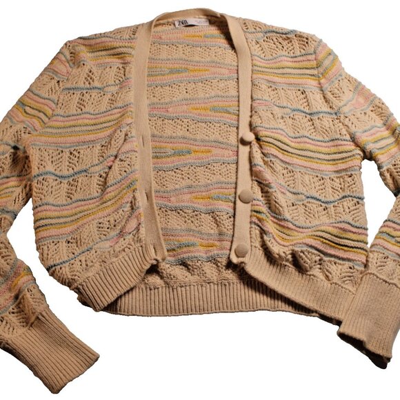 Zara Womens Large Multicolor Knit Cardigan 🤎 Beige Striped Sweater Cozy Boho - Picture 1 of 10